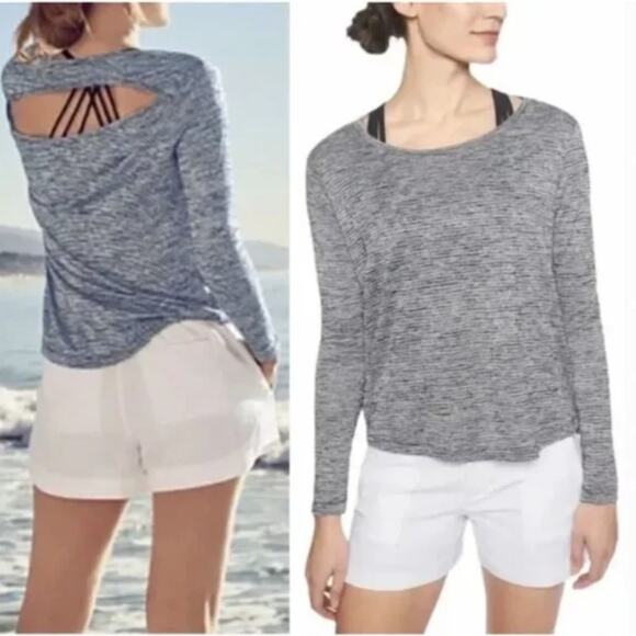 Athleta Breezy Open Back Navy Stripe Tee T-Shirt XXS 211405 Athleisure Athletic - Picture 1 of 6